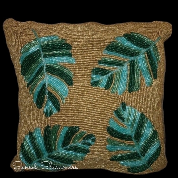 PACIFIC Paradise GOLD Green Teal Aqua Beaded Palm Leaf Pier 1 Style Pillow Decor - Picture 13 of 13